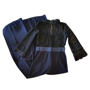 NWOT Olivaceous Blue, Black Wide-leg Partially Sheer Top with Mock Neckline Sz M